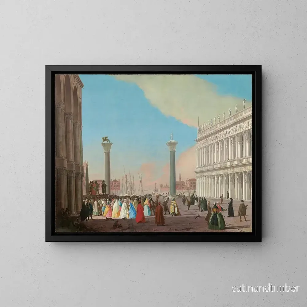 Reproduktion av målningen Venise, Piazzetta sett från söder från basilikan Saint-Marc med biblioteket och en folkmassa samlad för att bevittna en föreställning av Commedia dell’arte – Johann Richter Reproduktion av målningen Venise, Piazzetta sett från söder från basilikan Saint-Marc med biblioteket och en folkmassa samlad för att bevittna en föreställning av Commedia dell’arte – Johann Richter