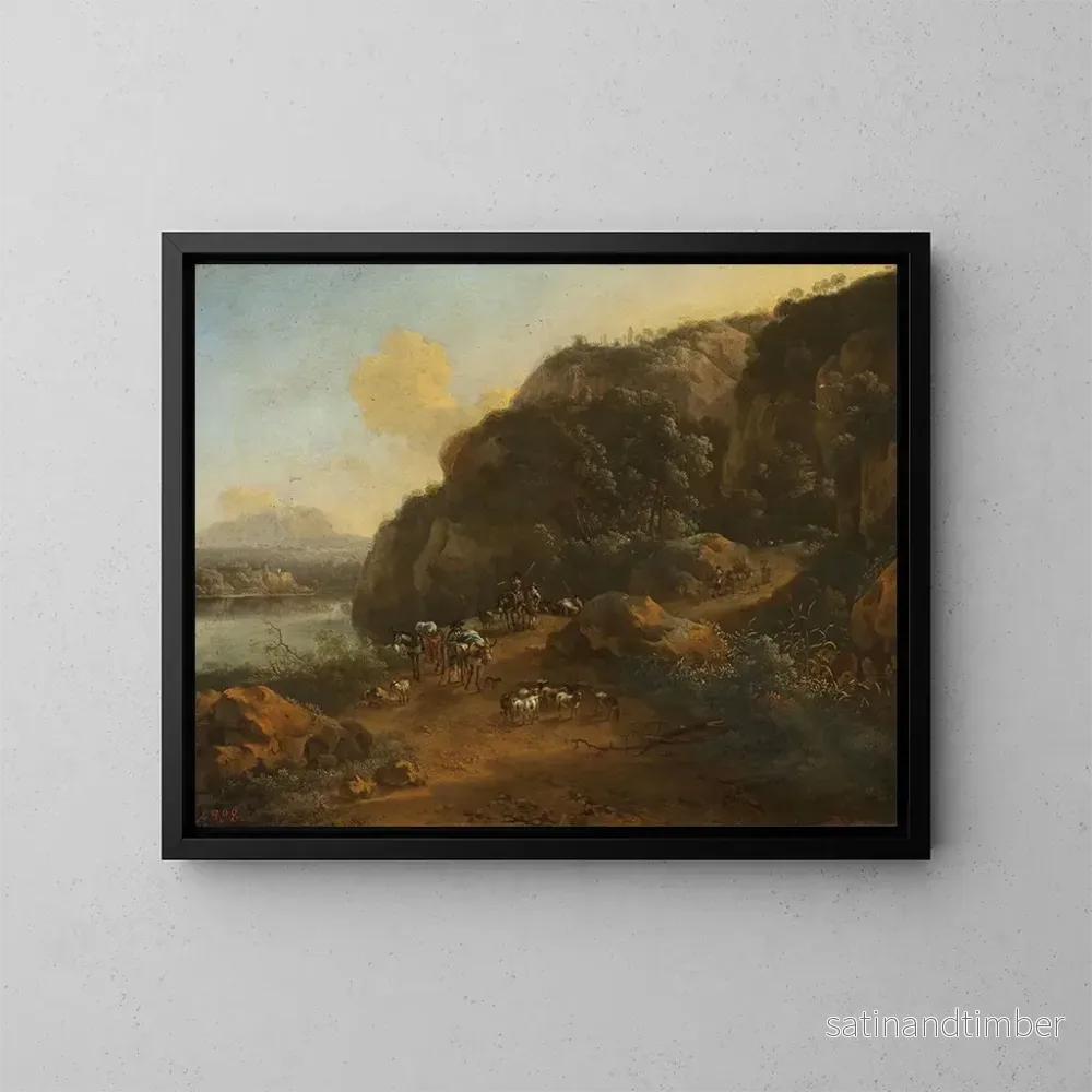 Reproduktion av målningen av bergslandskap med resenärer - Jan Vermeer van Haarlem den Äldre