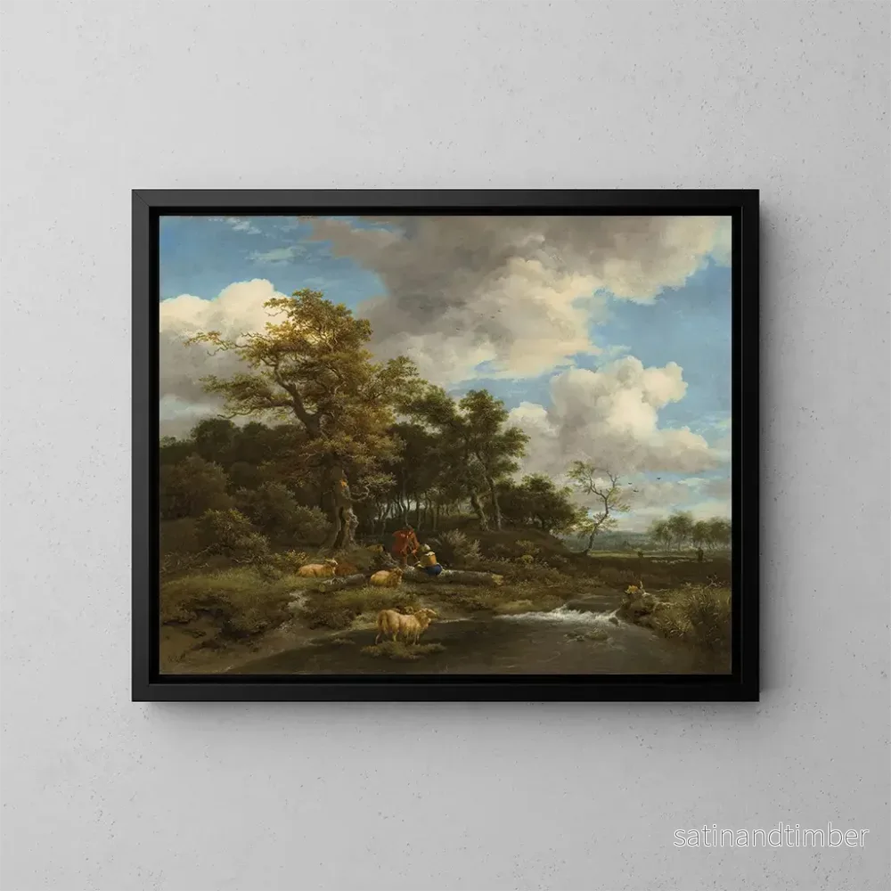 Reproduktion av målningen av ett skogigt flodlandskap med herdar och deras boskap - Jacob van Ruisdael