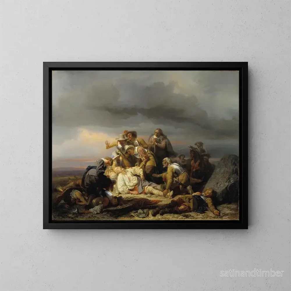 Reproduktion av målningen La découverte du corps du roi Gustave II Adolphe de Suède après la bataille de Lützen – Carl Wahlbom Reproduktion av målningen La découverte du corps du roi Gustave II Adolphe de Suède après la bataille de Lützen – Carl Wahlbom