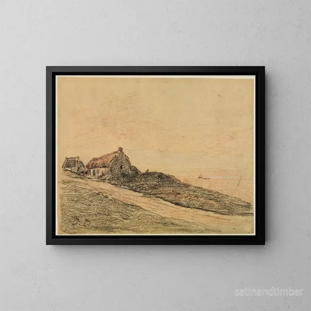Reproduktion av målningen av kustlandskap vid Cayeux med två stugor - Jules Dupré