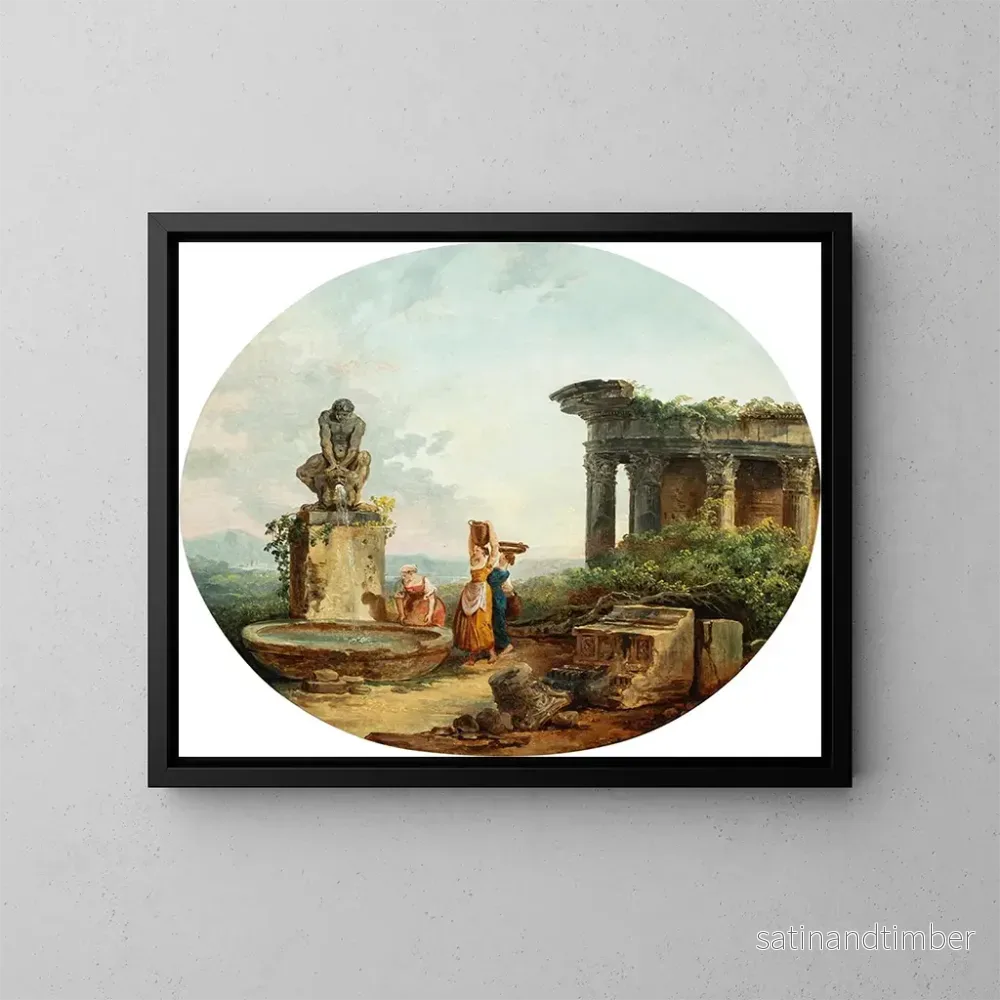Reproduktion av målningen Landskap med tvättare vid en fontän - Hubert Robert