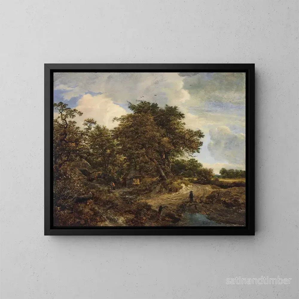 Reproduktion av målningen av en skogig landskap med stugor och en figur med hundar på en jordstig - Jacob van Ruisdael