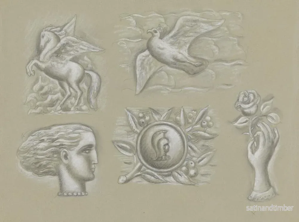 Reproduktion av målningen för ett filigran av banknot: Pegasus, duva, kvinnohuvud, vapen och hand med ros - Leo Gestel - Bild 2