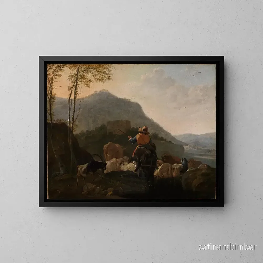 Reproduktion av målningen Bergers som lämnar med sin hjord i ett bergigt landskap i söder - Johann Heinrich Roos