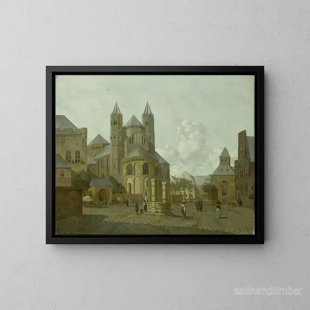Reproduktion av målningen Landskapsbild av en imaginär stad med romansk kyrka - Johannes Huibert Prins