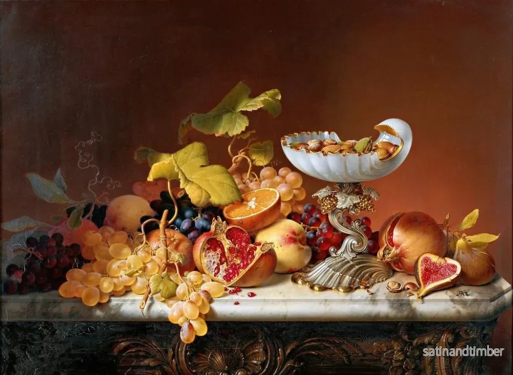 Reproduktion av målningen av tropiska frukter i ett mjölkglas i form av en snäcka - Johann Wilhelm Preyer - Bild 2
