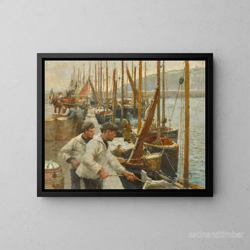 Reproduktion av målningen Båtar för fiske i Newlyn - Harold Harvey