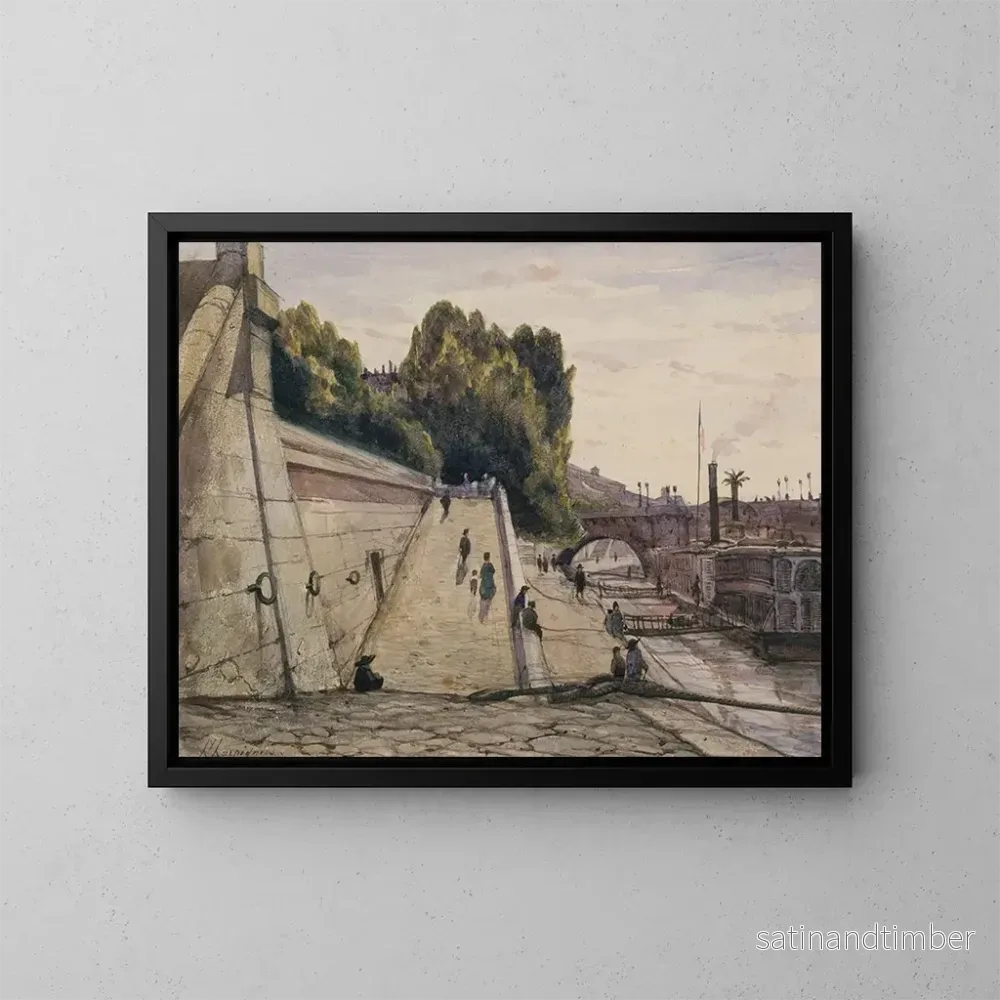 Reproduktion av målningen Les Bains de la Samaritaine, Seine på Quai du Louvre, 1:a arrondissement - Henri-Joseph Harpignies