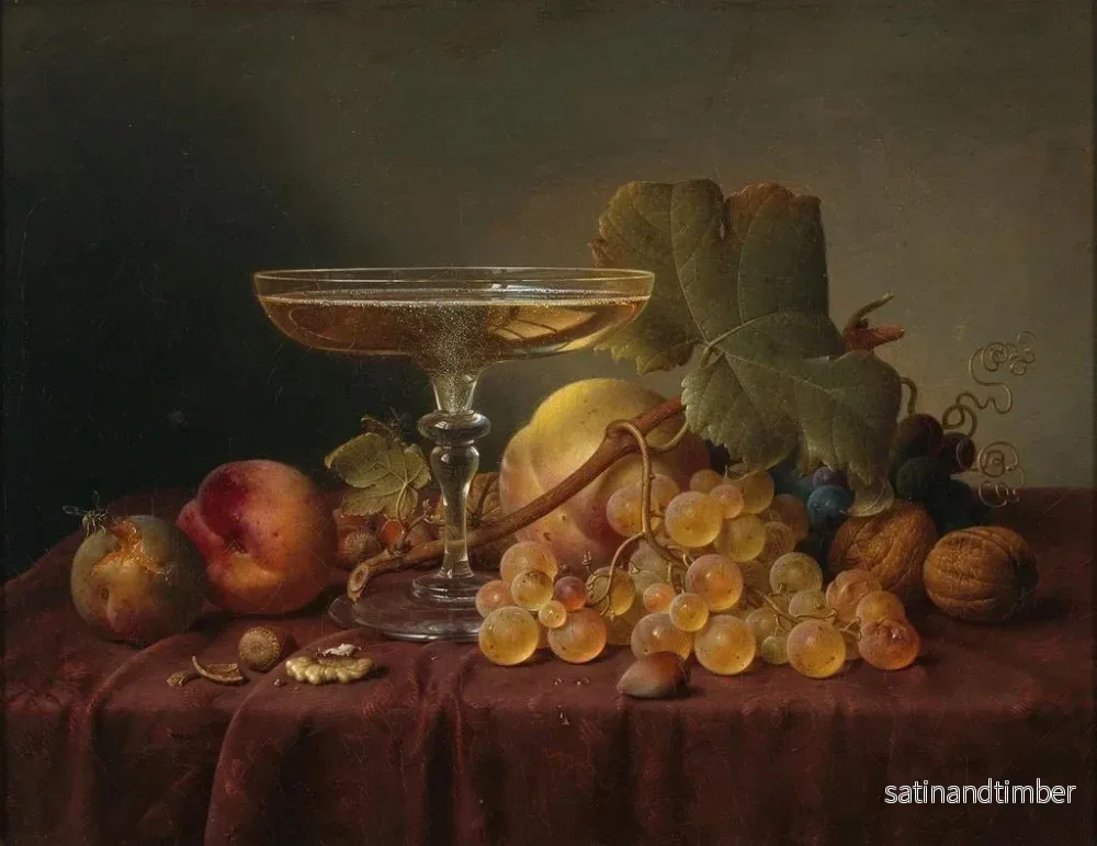 Reproduktion av målningen av naturtavla med ett glas champagne och frukt på ett damasttyg - Johann Wilhelm Preyer - Bild 2