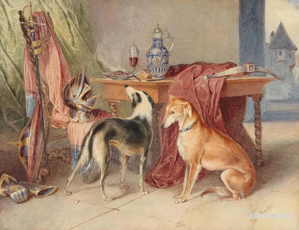 Reproduktion av målningen av ett interiör med greyhounds och ett stilleben med rustningsdelar - Johann Matthias Ranftl - Bild 2