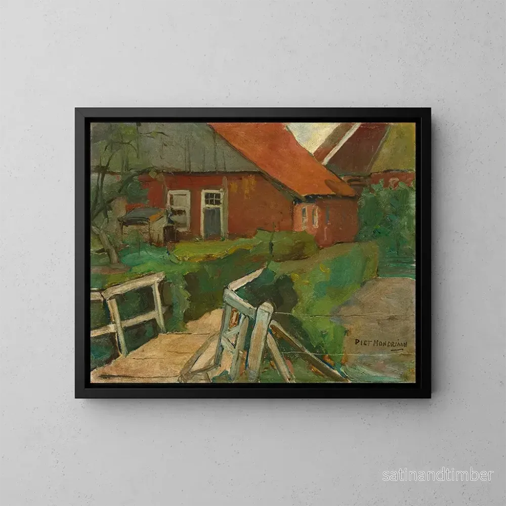Reproduktion av målningen av jordbruksbyggnad med bro - Piet Mondrian