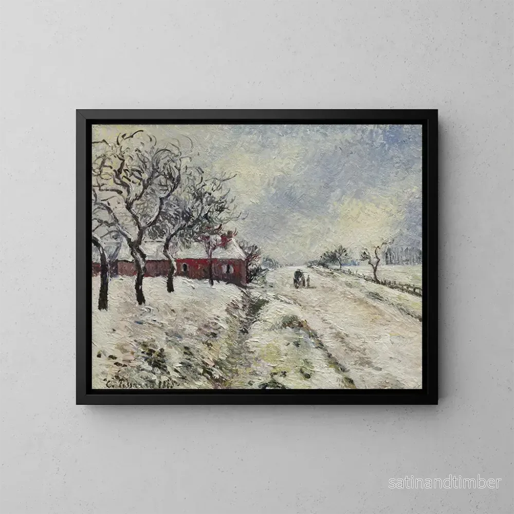 Reproduktion av målningen av snötäckt väg med hus i närheten av Éragny - Camille Pissarro