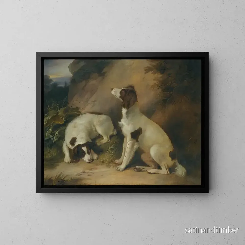 Reproduktion av målningen av två springer spaniels i ett klippigt landskap - Richard Livesay