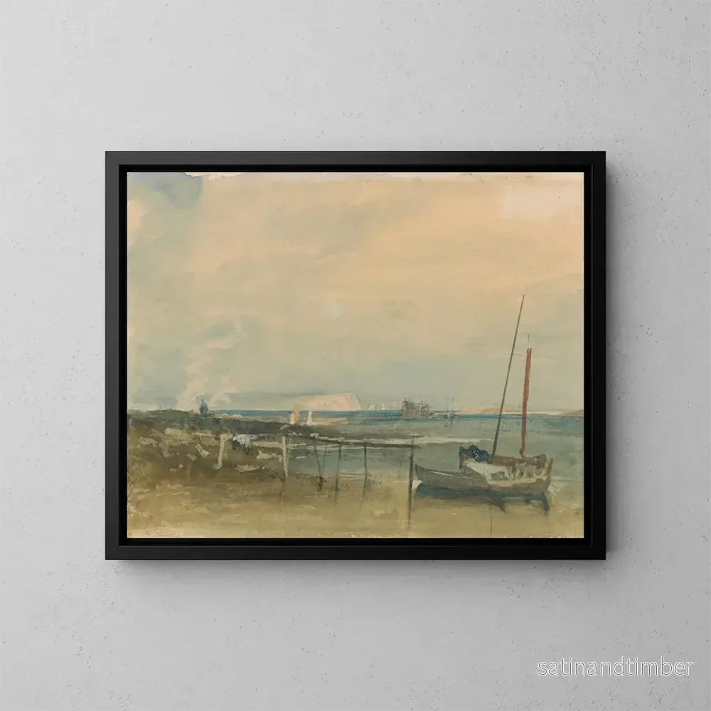 Reproduktion av målningen av kustscen med vita klippor och båtar på stranden - Joseph Mallord William Turner