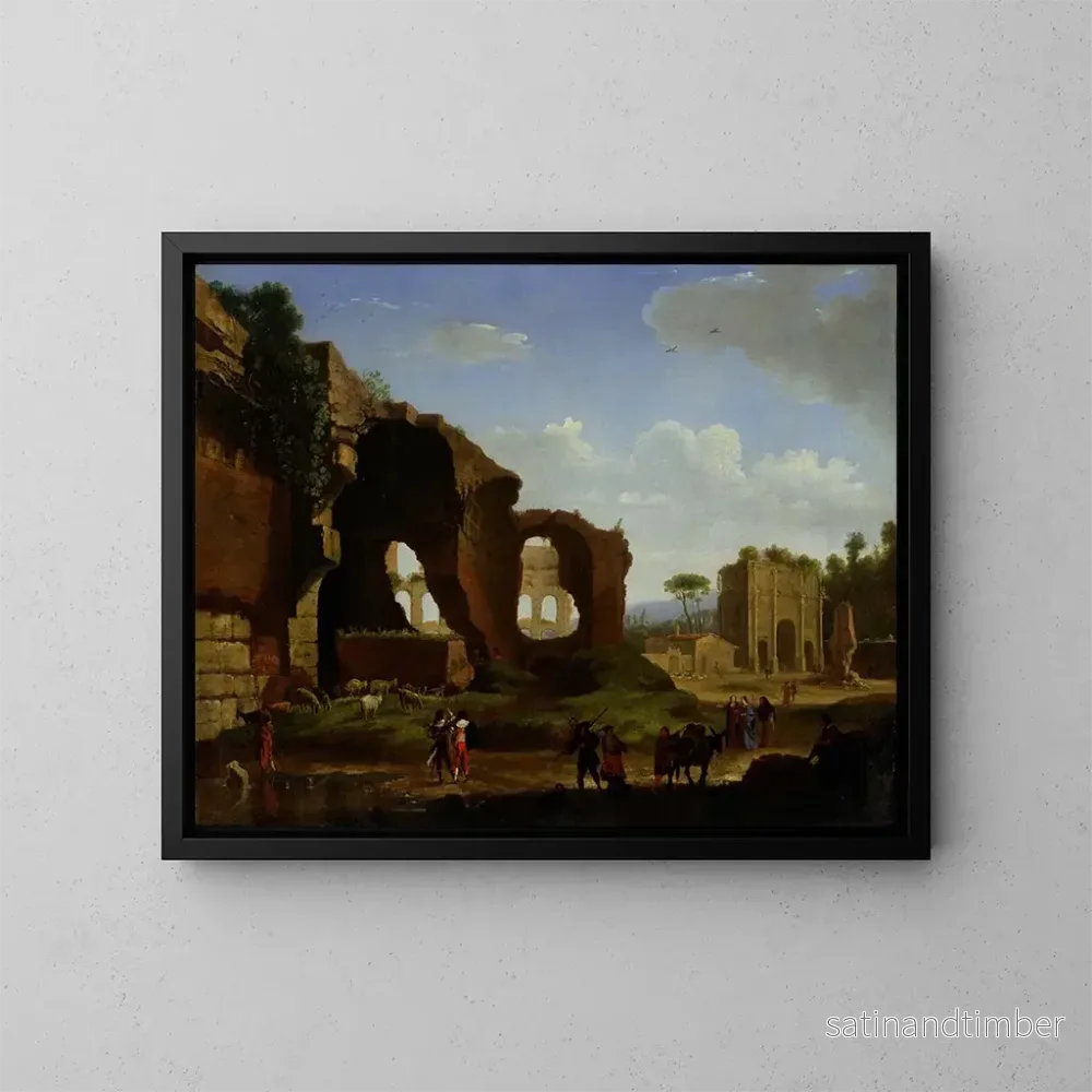 Reproduktion av målningen En romersk vy av ruinerna av Venus- och Roms tempel med Colosseum och Konstantins båge - Herman van Swanevelt