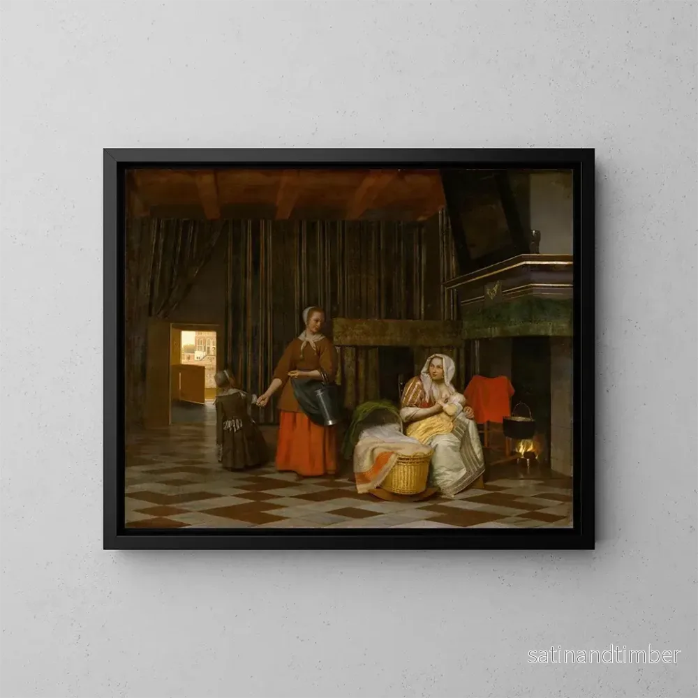 Reproduktion av målningen av kvinna och barn med en tjänare - Pieter de Hooch