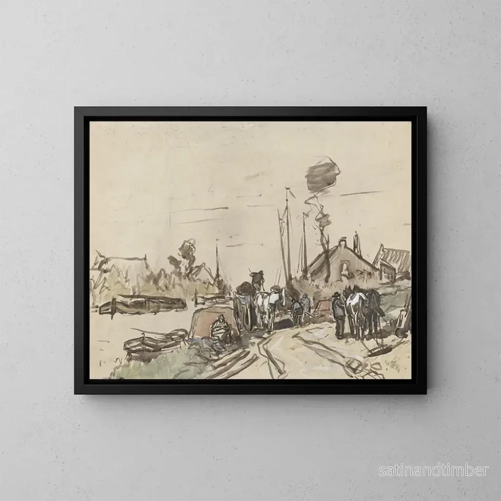 Reproduktion av målningen av lossning av vagnar vid en kanal - Jan van Essen