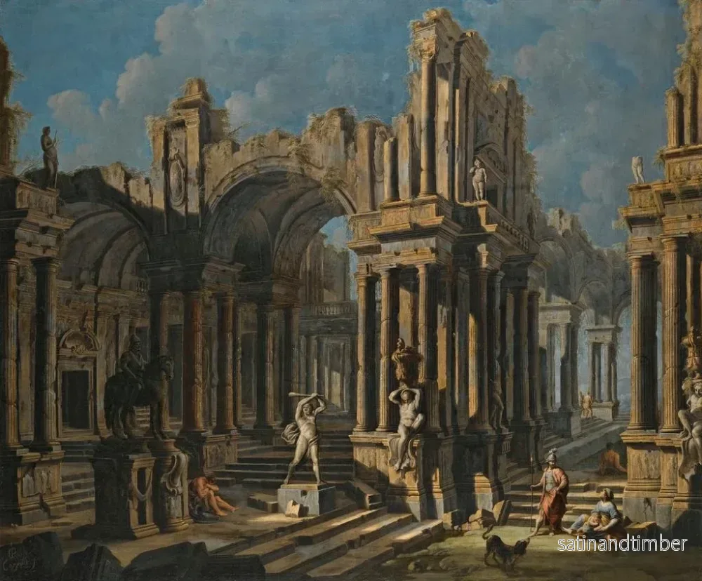 Reproduktion av målningen Ett arkitektoniskt infall med en Hercules-statyn och figurer i klassisk dräkt - Pietro Capelli - Bild 2