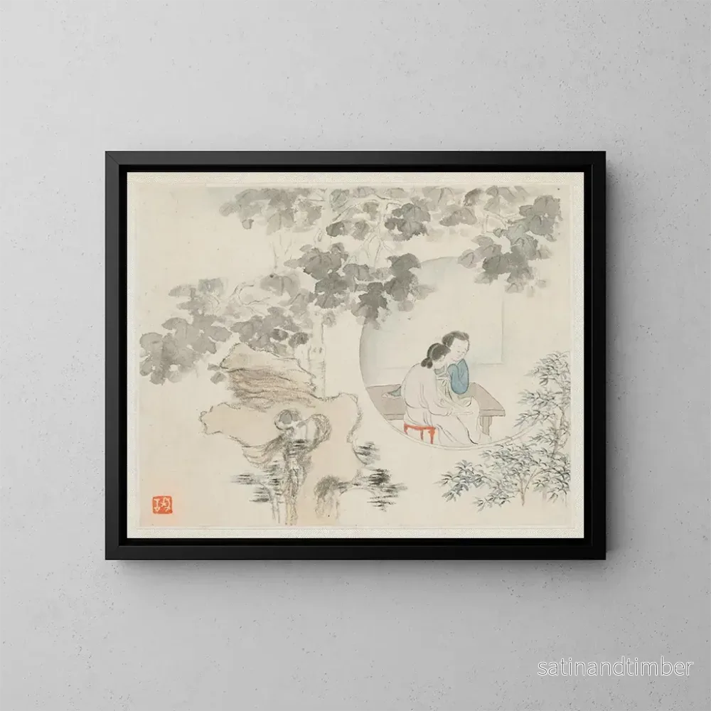 Reproduktion av målningen av två kvinnor sittande vid ett bord i en cirkel synlig i ett landskap - Hua Yan