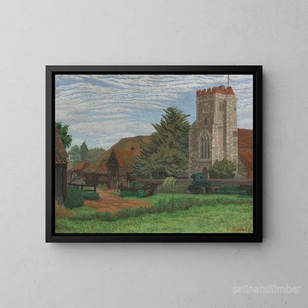Reproduktion av målningen av kyrka och lada i Waltham St Lawrence - Charles Ginner