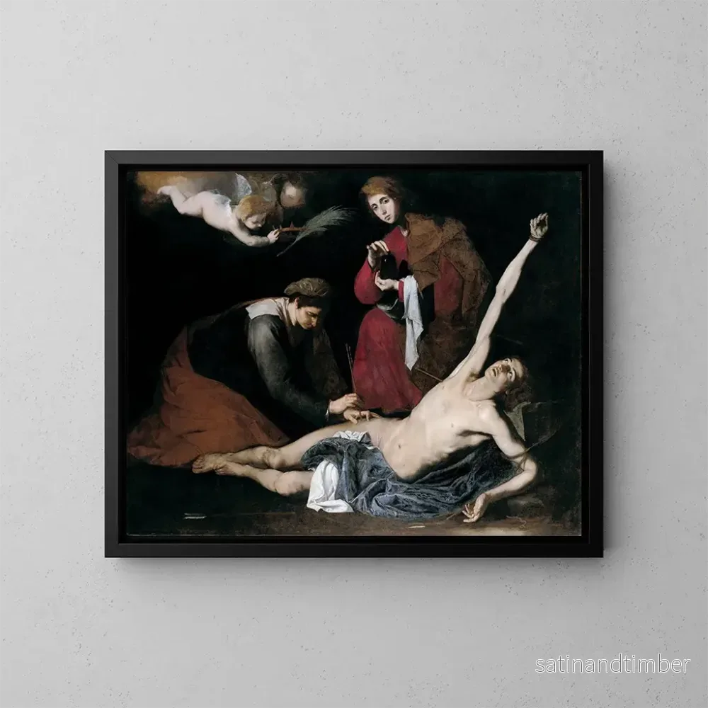 Reproduktion av målningen av Saint Sébastien som vårdas av de heliga kvinnorna - Jusepe de Ribera