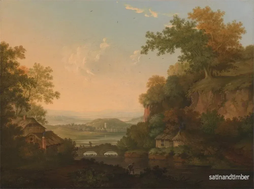 Reproduktion av målningen En scen vid en flod med halmtakshus nära en bro över en sluss - James Lambert de Lewes - Bild 2