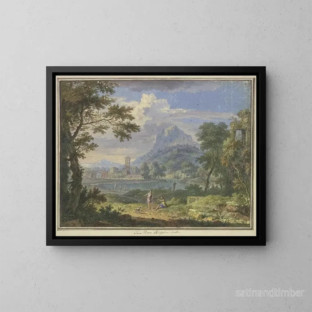 Reproduktion av målningen Landskap med en italiensk stad nära ett högt berg, till höger ruinen av ett tempel, i förgrunden två figurer och en hund – Jan van Huysum Reproduktion av målningen Landskap med en italiensk stad nära ett högt berg, till höger ruinen av ett tempel, i förgrunden två figurer och en hund – Jan van Huysum