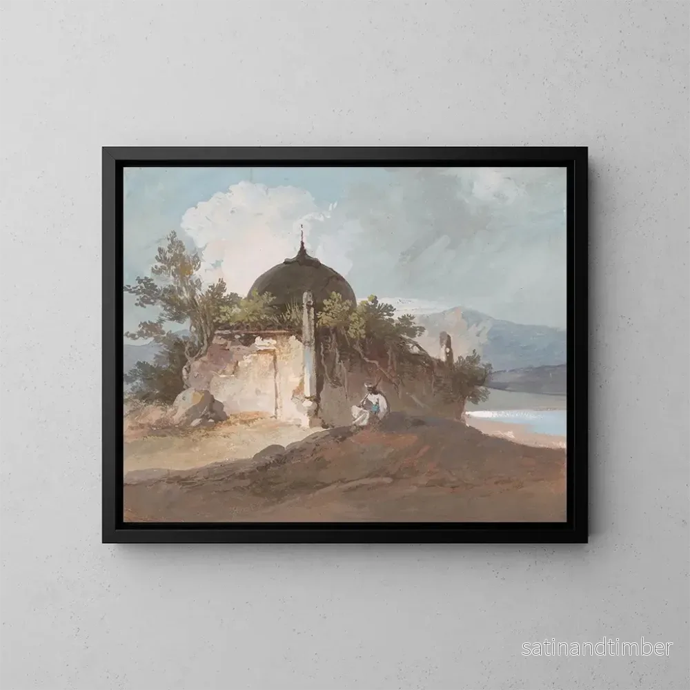 Reproduktion av målningen av en sittande figur nära ett indiskt tempel - George Chinnery
