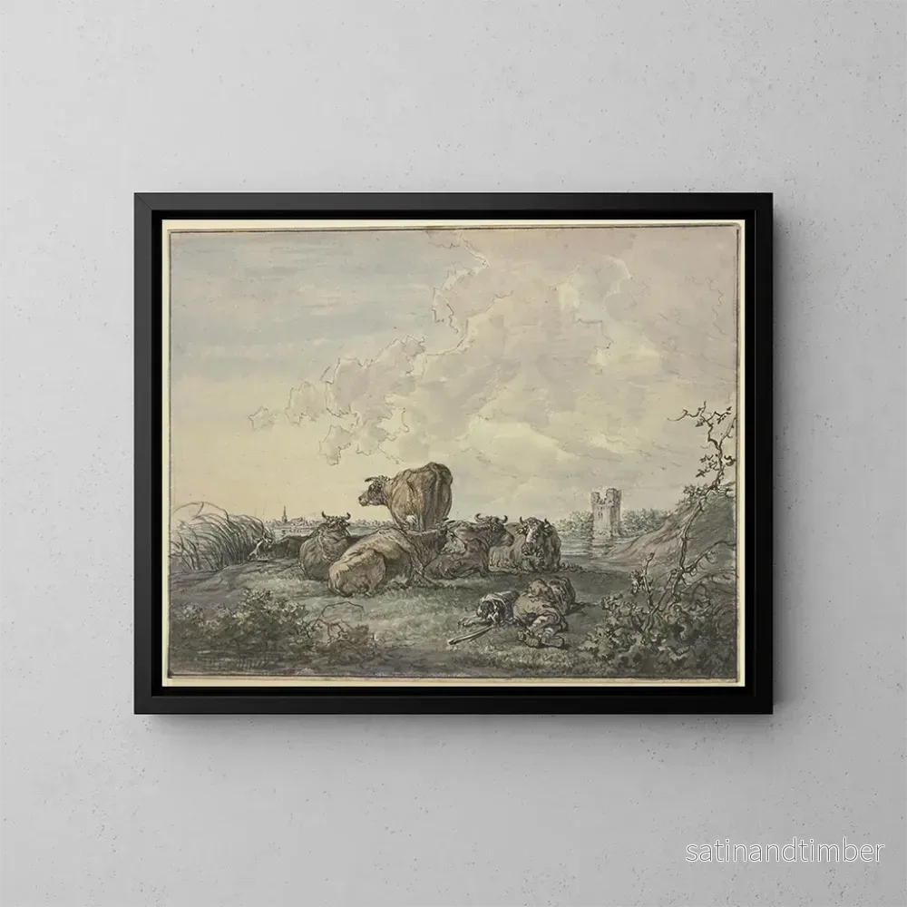 Reproduktion av målningen Bergère endormie och boskap i ett landskap - Jacob van Strij