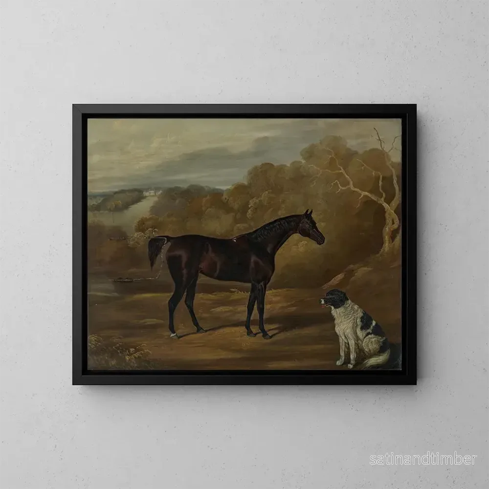 Reproduktion av målningen En svart häst och en cocker spaniel som sitter i Harewood House-parken – David Dalby de York Reproduktion av målningen En svart häst och en cocker spaniel som sitter i Harewood House-parken – David Dalby de York