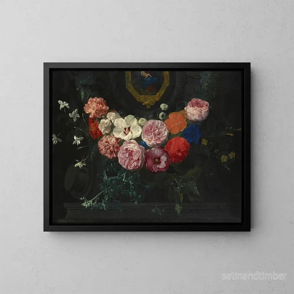 Reproduktion av målningen En blomsterkrans som omger en cartouche med Jungfru Maria och Barnet - Nicolaes van Verendael