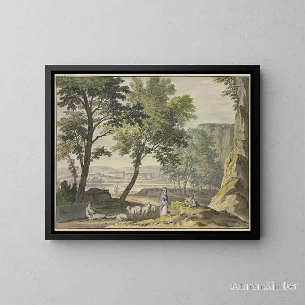 Reproduktion av målningen Elegant landskapsmålning med herdar och en stad i fjärran - Jan van Huysum