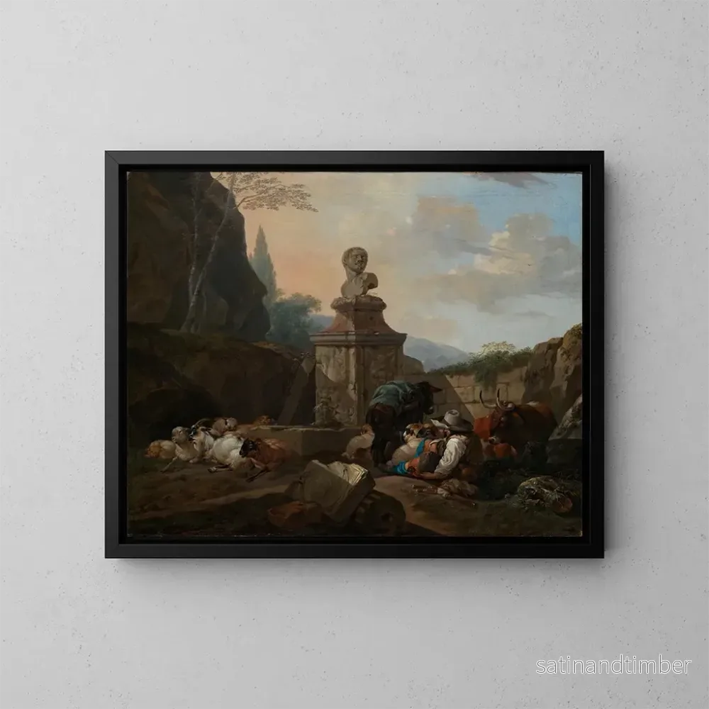 Reproduktion av målningen Bergère och flock nära en romersk fontän – Johann Heinrich Roos Reproduktion av målningen Bergère och flock nära en romersk fontän – Johann Heinrich Roos