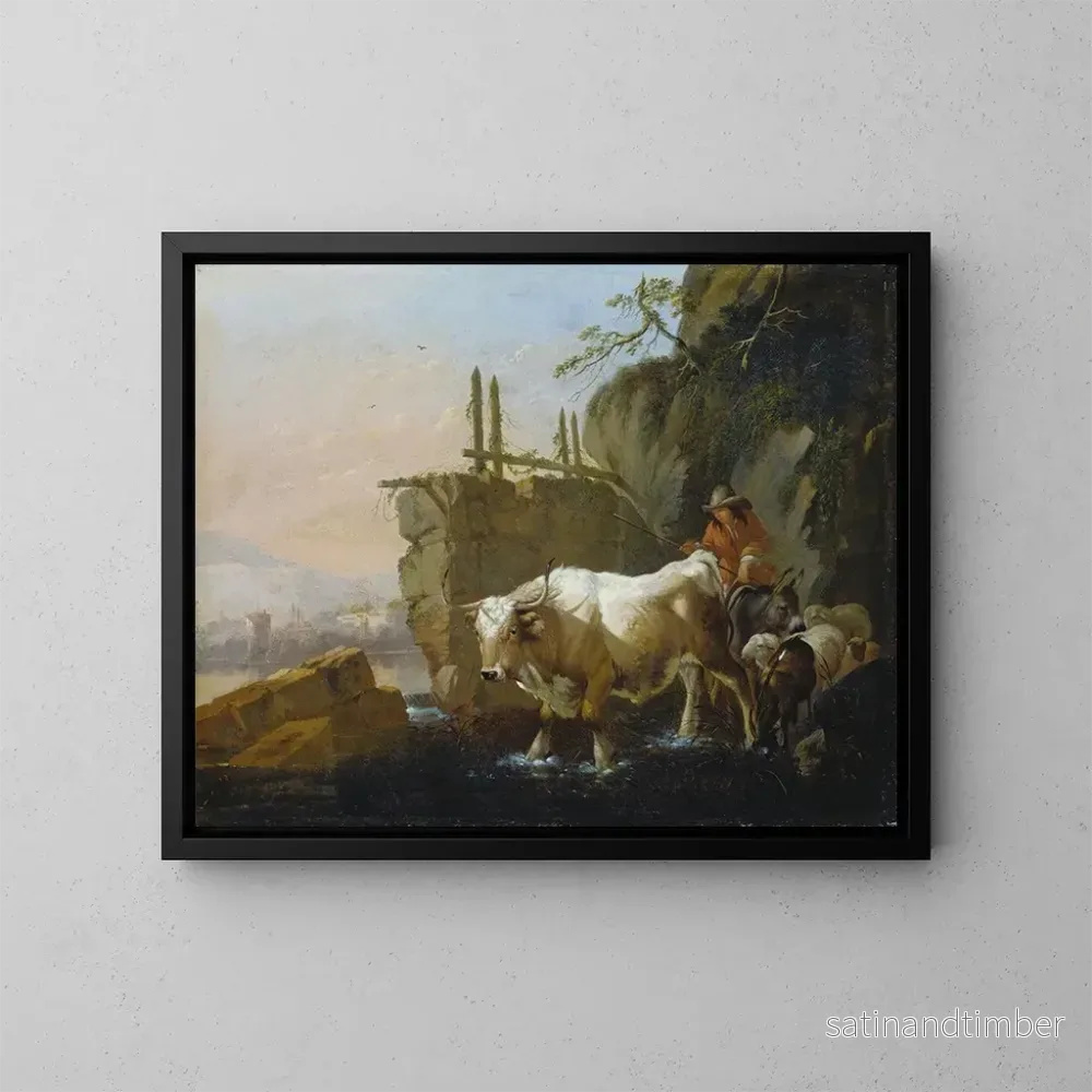 Reproduktion av målningen Bergers som leder boskap över en bäck – Johann Heinrich Roos Reproduktion av målningen Bergers som leder boskap över en bäck – Johann Heinrich Roos