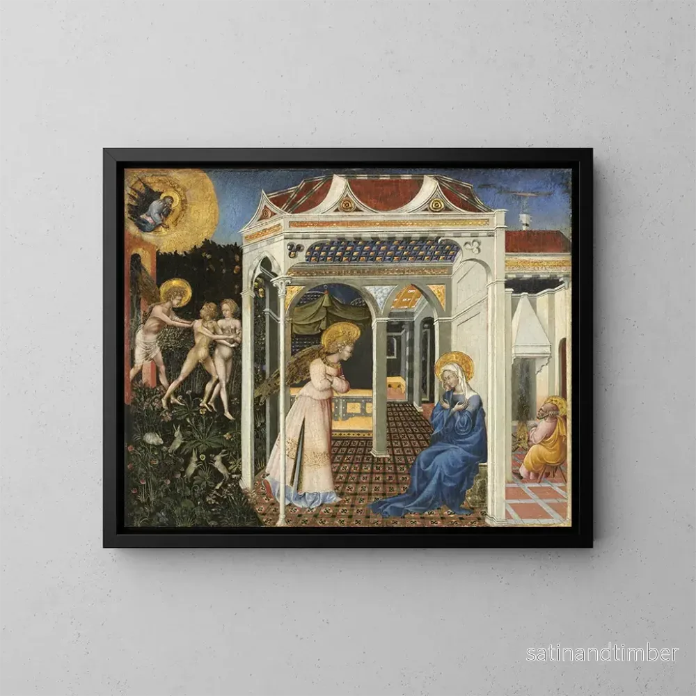Reproduktion av målningen L'Annonciation och utvisningen ur Paradiset - Giovanni di Paolo