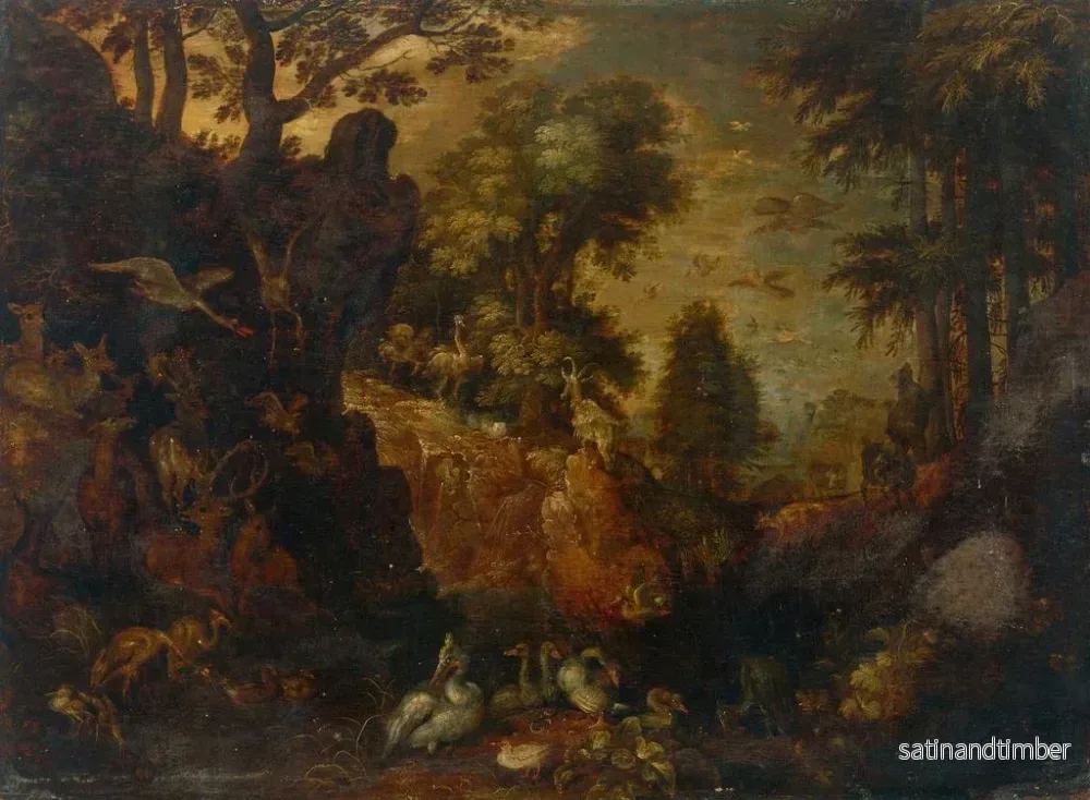 Reproduktion av målningen av en skogig, bergig landskap med fåglar, rådjur och andra djur - Roelant Savery - Bild 2