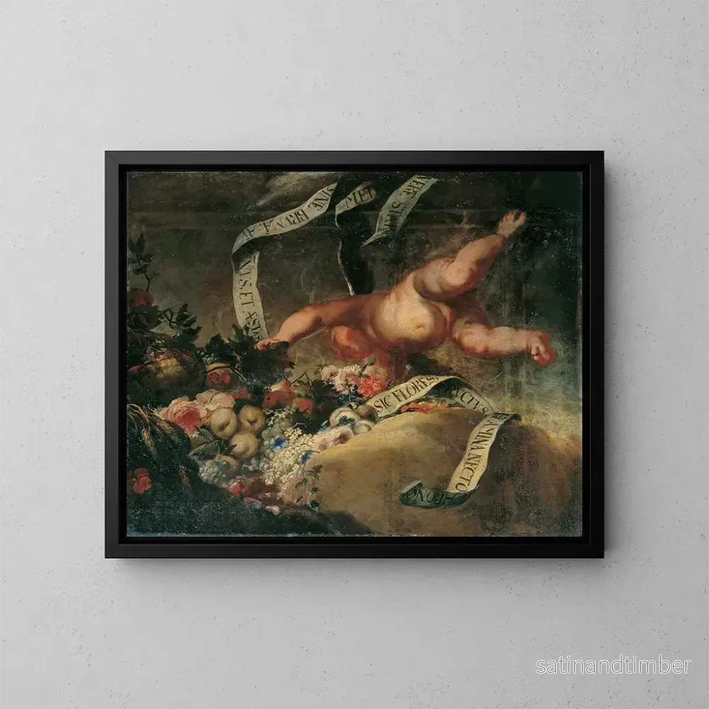 Reproduktion av målningen Putto med blommor, frukter och banderoll - Peter Strudel