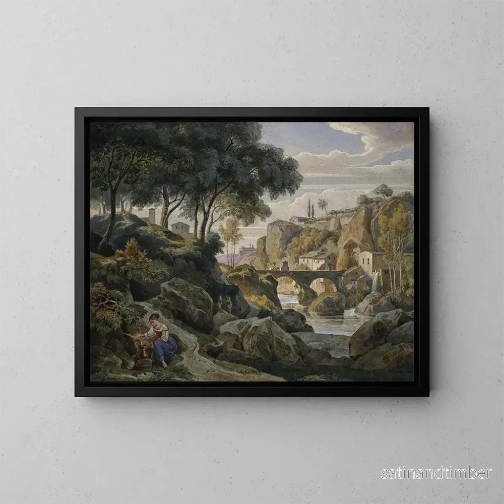 Reproduktion av målningen av italiensk bergslandskap med stenbro – Ernst Fries Reproduktion av målningen av italiensk bergslandskap med stenbro – Ernst Fries