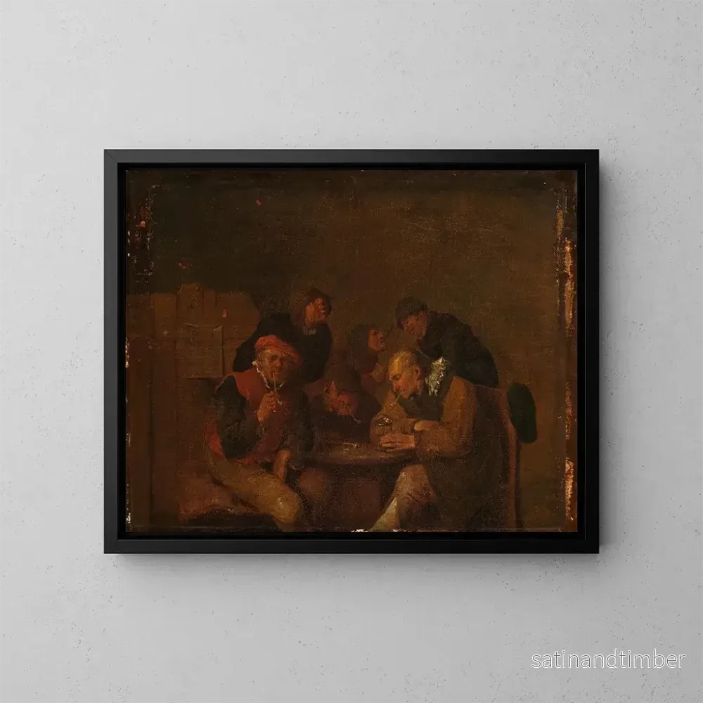 Reproduktion av målningen av sex män som dricker och röker i ett vardagsrum - Egbert van Heemskerck