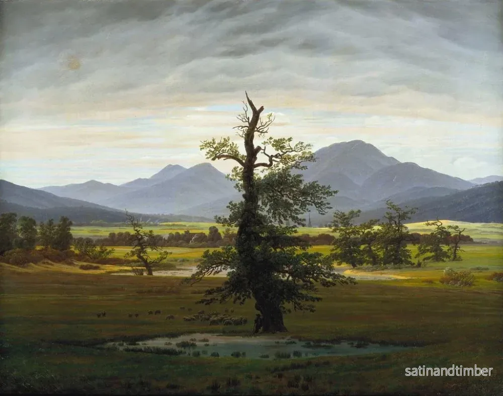 Reproduktion av målningen Landskapsmålning av en by vid morgonljus, det ensamma trädet - Caspar David Friedrich - Bild 2