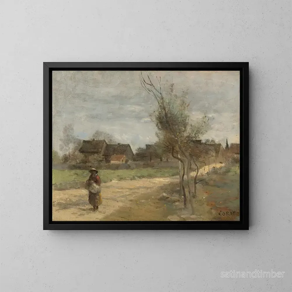 Reproduktion av målningen av landsbygd på en väg med utsikt över en by - Jean-Baptiste-Camille Corot