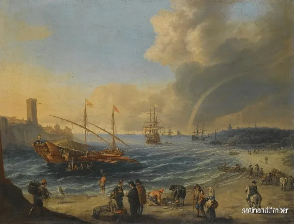 Reproduktion av målningen En scen av en medelhavshamn med en ottomansk pråm och andra båtar, personer på stranden, en regnbåge i fjärran - Cornelis de Wael - Bild 2