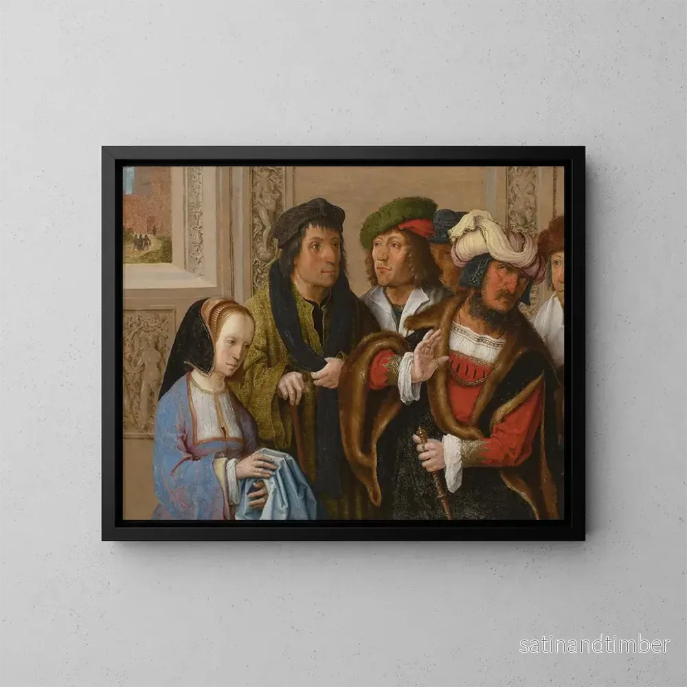Reproduktion av målningen La femme de Potiphar montre à son mari le manteau de Joseph, en arrière-plan Joseph est emmené en prison. - Lucas van Leyden