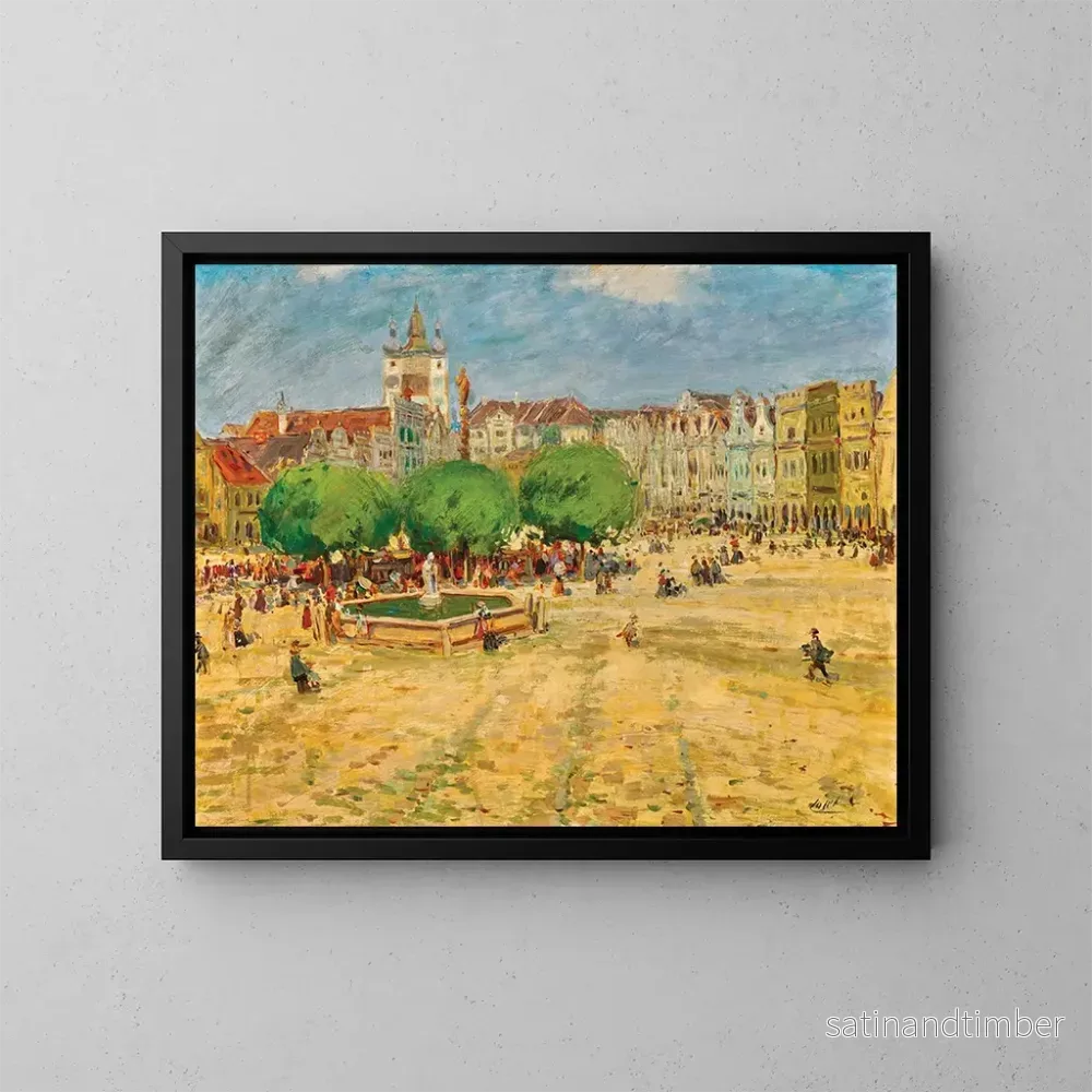 Reproduktion av målningen Place du marché à Telč, Bohême du Sud - Stanislav Lolek