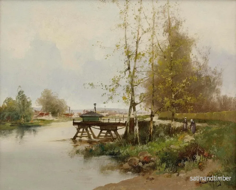 Reproduktion av målningen Längd: 60 cm, Höjd: 50 cm, Material: Canvas, Teknik: Olja, Ursprung: Frankrike, År: 1920-tal, Signerad: Ja, Ram: Nej, L: L'étang au bord du village - Eugène Galien-Laloue - Bild 2