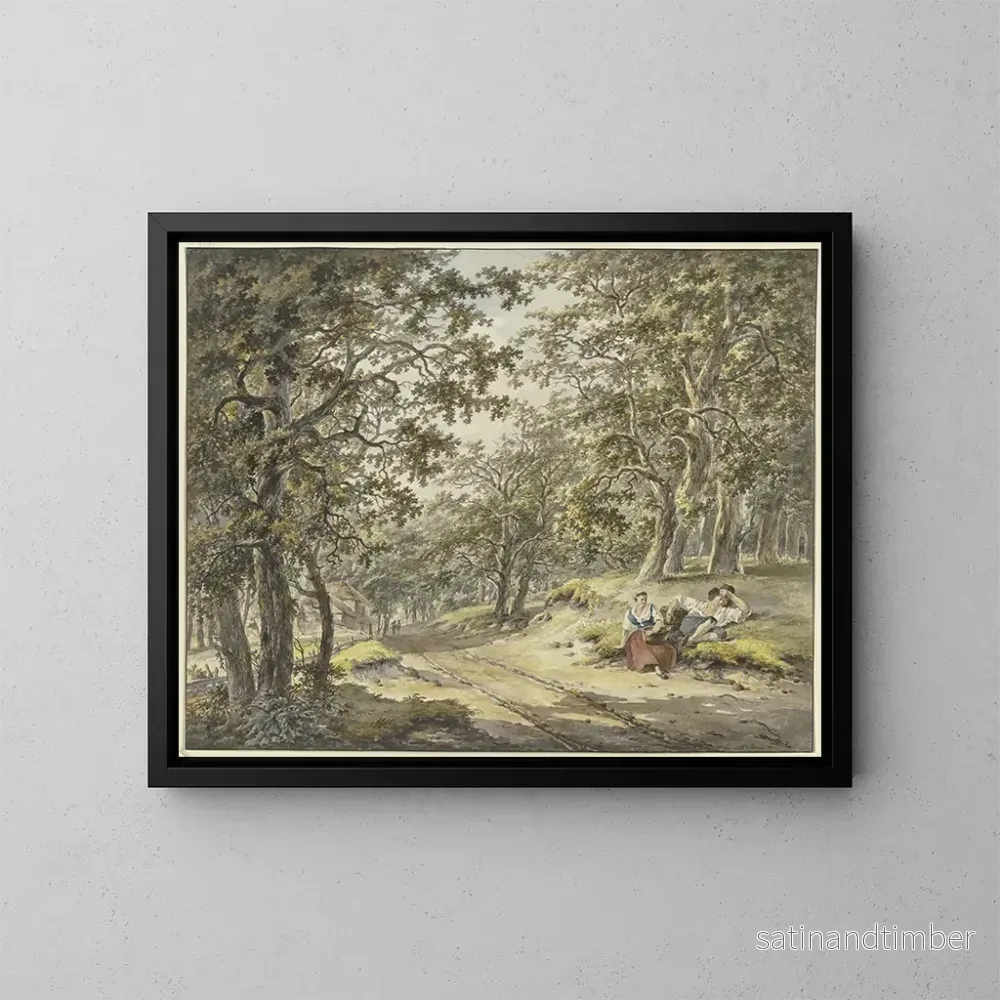 Reproduktion av målningen av vägen genom skogen, passerande förbi en fruktträdgård, med en bonde och en bondhustru som vilar med sina korgar - Hermanus van Brussel