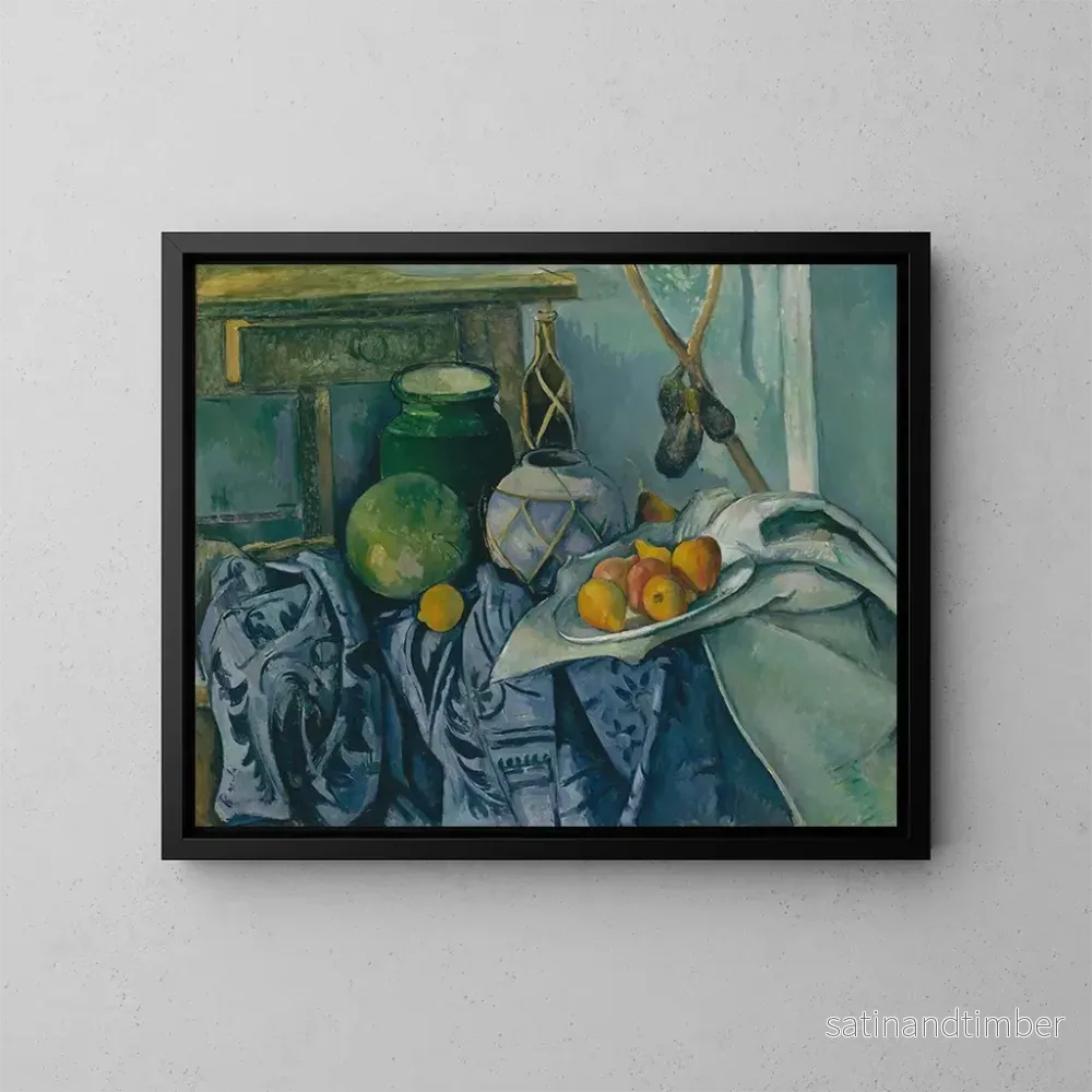 Reproduktion av målningen av stilleben med en ingefärsburk och auberginer - Paul Cézanne