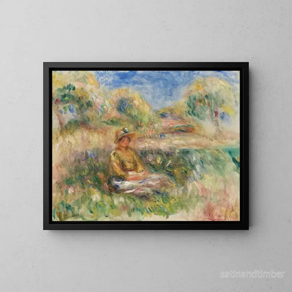 Reproduktion av målningen av en sittande kvinna i ett landskap - Pierre-Auguste Renoir