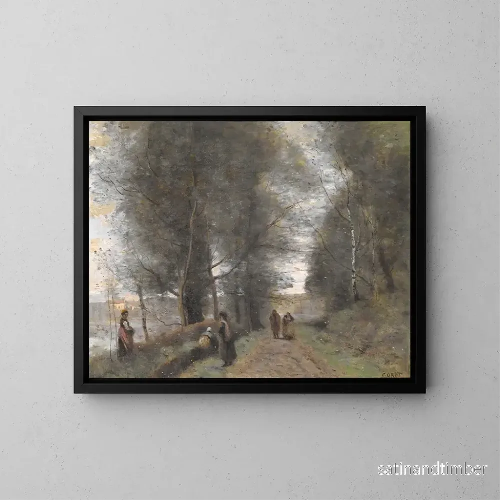 Reproduktion av målningen av den skogsklädda stigen vid Ville-d'Avray som gränsar till dammen - Jean-Baptiste-Camille Corot